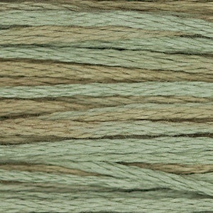 May include: Close-up of embroidery floss in shades of green and brown. The threads are arranged horizontally, creating a striped pattern. The colors vary in tone, from light to dark, giving the floss a natural, earthy appearance. Ideal for cross-stitch and embroidery projects.