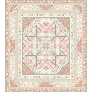 May include: A floral quilt with a patchwork design. The quilt features a central square with a geometric pattern, surrounded by layers of floral and patterned fabrics in shades of pink, green, and white. The quilt has a detailed, intricate design.
