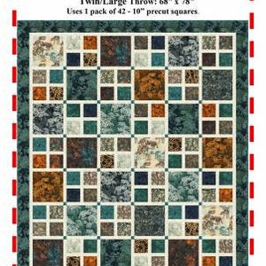 May include: A quilting pattern called "Tileworks" featuring a fabric called "Dinosaurus" by Banyan Batiks. The pattern uses 42 - 10 inch precut squares to create a twin or large throw measuring 68 inches by 78 inches.