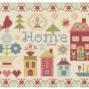 Può includere: Schema di punto croce con una scena colorata di case, fiori e un uccello con la parola "Home" al centro.