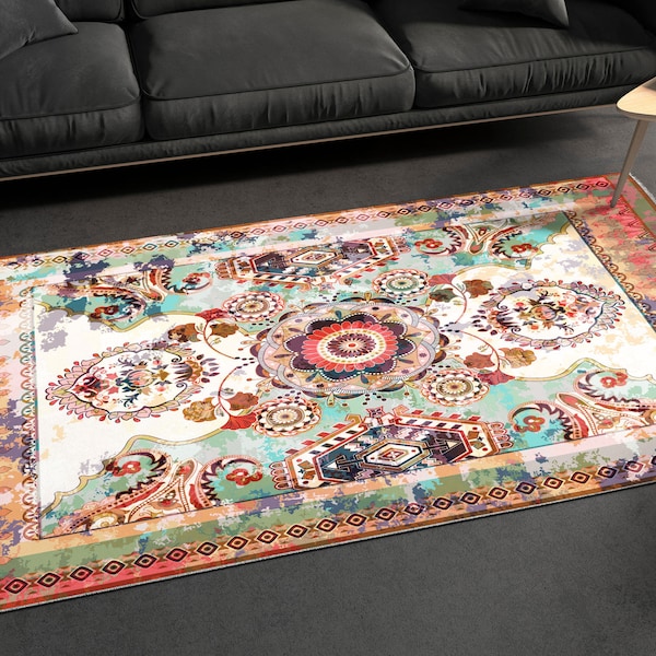 Area Rug, Diamond Rainbow Colorful Carpet Geometric Moroccan decor Rugs Bohemian Faded Distressed design Living room Home Room