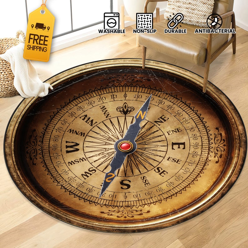 Compass Rose Rug, Round Compass Carpet, Real Looking Nonslip Compass