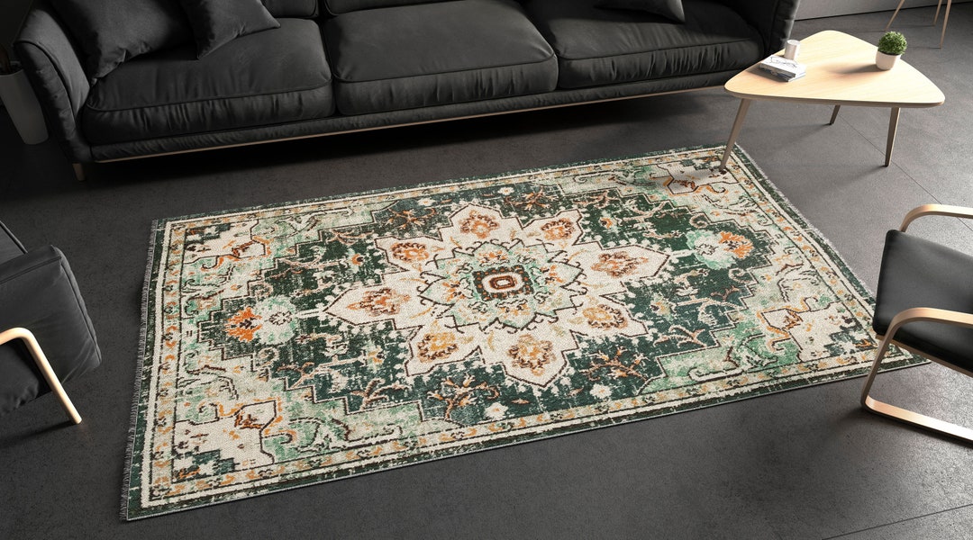 Turkish Black Green Rug Geometric Design Rugshome Etsy