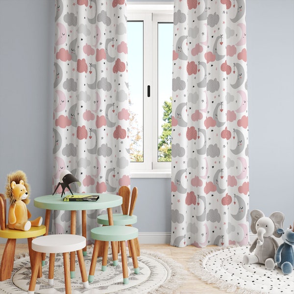 Graue und rosa Wolken, Mädchenzimmer Vorhänge, Kinderzimmer Vorhang, Kinderzimmer Dekor, Wolken, Sterne, Geschenk