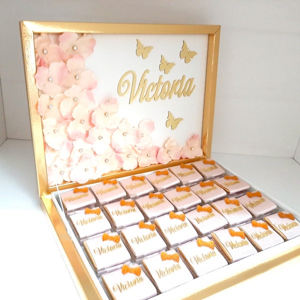 Personalized Chocolate ,Baby Shower , Baby girl Chocolate, plexi Name ,Chocolate, Baby Shower Ideas, Unique stylish and elegant flower boxed