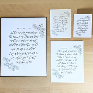 Mateus 6 Bíblia Versículo Escritura Parede Preto e Branco Floral Moderno Arte Minimalista / Tesouros no Céu / Casa Cristã Presente de Inauguração