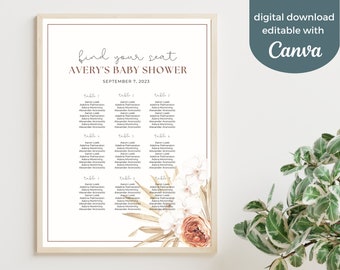 Baby In Bloom Boho Baby Shower Seating Chart, Online Editable Templates, Printable Bohemian Shower Invite, Invitation Instant Download