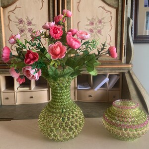 Beaded Floral Vase and Candle Holder with Avocados and mauves