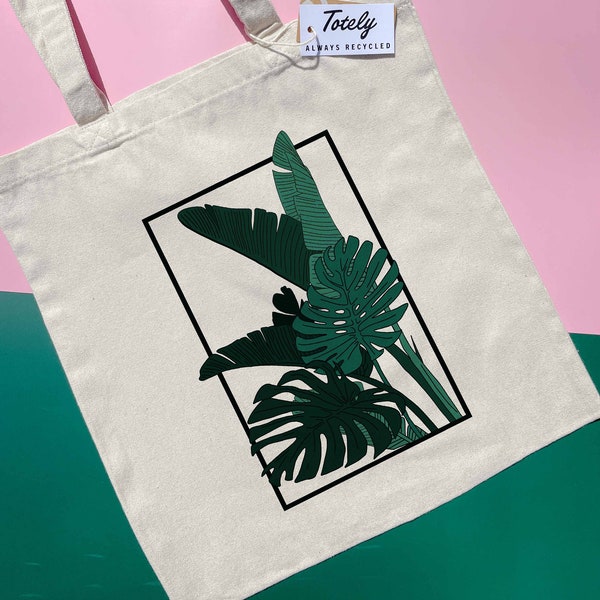 Green Monstera Plant Canvas Tote Bag Botanical Plant Lover Illustrated Design Swiss Cheese Plants Inspired Eco-Friendly Sustainable & Vegan