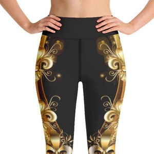 New Orleans black and gold Yoga Leggings, Fleur de lis leggings, Cute ladies high waisted leggings, Christmas leggings, Louisiana leggings