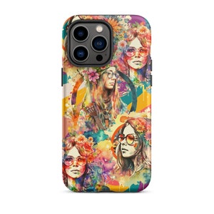 May include: A colorful phone case with a psychedelic design featuring three women with flowers in their hair and sunglasses. The case has a black camera cutout and a white background.