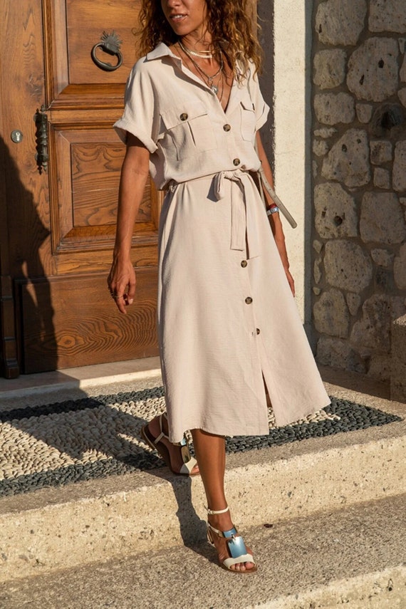 Harden baard Barmhartig Vintage safari-zomerjurk riem met zak korte mouw jurk met - Etsy België
