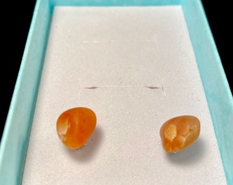 May include: A pair of orange carnelian earrings in a light blue box. The earrings are smooth and have a natural, organic shape.