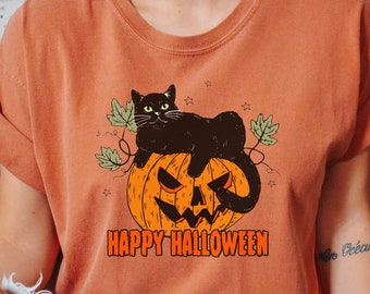 Black Cat on Pumpkin shirt, shirt for fall, Black Cat t-shirt, Halloween Black Cat Design, Fall Shirt, Vintage Black Cat on Pumpkin Shirt