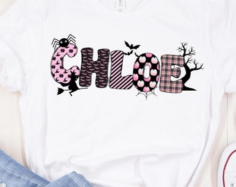 Gepersonaliseerde Halloween Naam Shirt, Gepersonaliseerde Halloween Shirt, Kinderen Halloween Shirt, Roze Naam, Peuter Halloween, Aangepaste Halloween