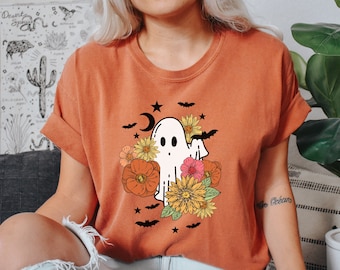 Retro Halloween, Flower Ghost Sketch Shirt, Vintage Ghost Halloween Shirt, Retro Fall Shirt, Fall Shirt,  Comfort Colors, Bella Canvas shirt