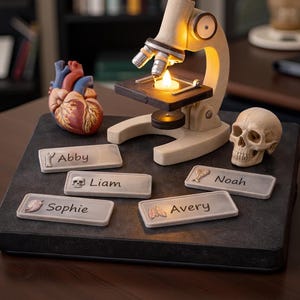 May include: A miniature microscope with a lit candle, a human heart model, and a skull sit on a dark surface. Name tags with names like "Abby" and "Liam" are also present. The scene evokes a science or medical theme.