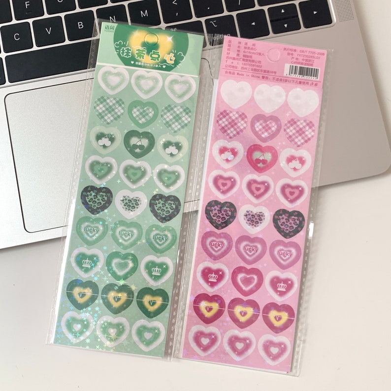 Cute planner stickers pack sheet, kawaii aesthetic stickers, heart stickers, journaling Scrapbooking Notebook deco stickers, gift 1 Green + Pink
