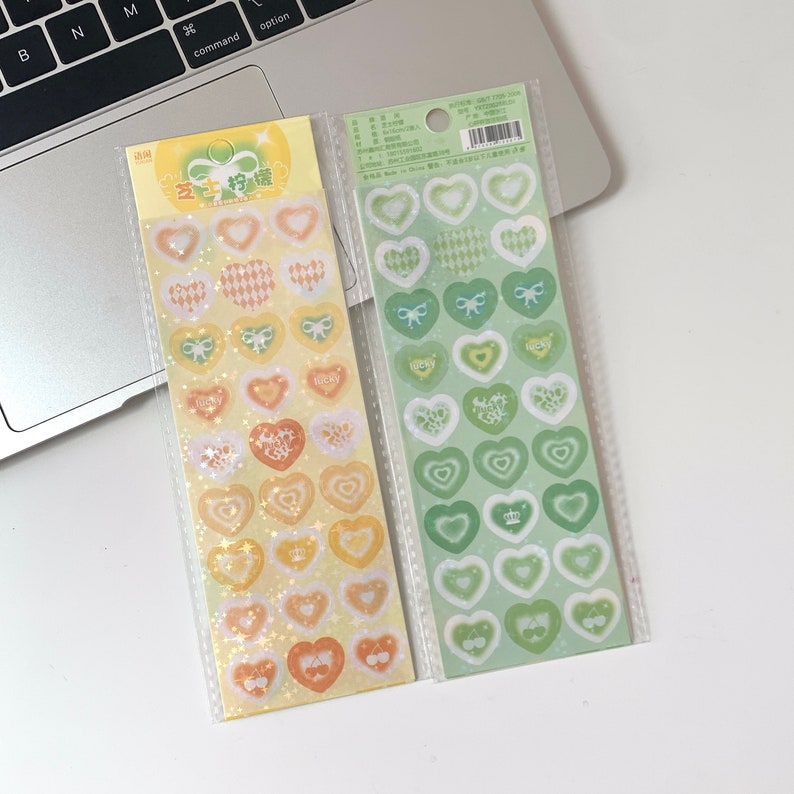 Cute planner stickers pack sheet, kawaii aesthetic stickers, heart stickers, journaling Scrapbooking Notebook deco stickers, gift 3 Yellow + Green