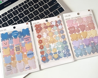 Cute planner stickers pack sheet, kawaii aesthetic stickers, bear heart flower stickers, journaling Scrapbooking Notebook deco stickers