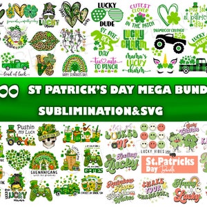 Op de afbeelding: Een digitale download van meer dan 300 St. Patrick's Day-thema's voor sublimatie en SVG-ontwerpen. De ontwerpen bevatten een verscheidenheid aan groene, zwarte en witte grafische afbeeldingen met klavers, kabouters en Ierse motieven.