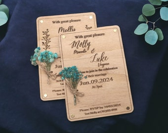 Eucalyptus Wooden Wedding Invitation Set, Luxury Wooden Cards with Envelopes, Wood Gypsophila Wedding Invitation Set, Floral invitation