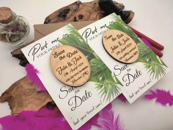 Wooden Save the Date Magnet Cards, Unique Save the Date Cards, Coloured Card  Rustic Save the Dates, Foliage Botanical Cards 