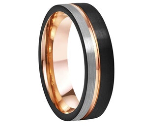 Tungsten carbide tricolored ring with black, rose gold and silver finish