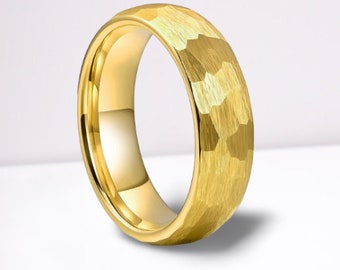 Anillo de tungsteno de color dorado acabado martillado - grabado personalizado - alianza de boda, boda, anillo de promesa, anillo de pareja, compromiso