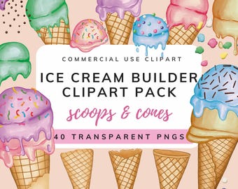 Ice Cream Builder Clipart – Pastel Watercolor PNG Set (Digital Download)