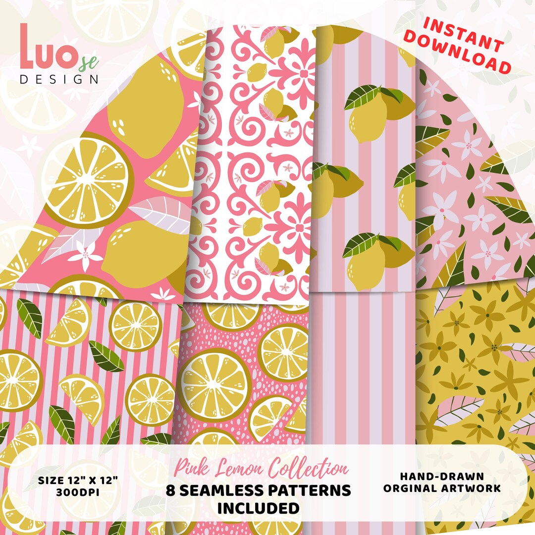 Pink Lemon Seamless Pattern Set PNG, 8 Patterns Bundle, Citrus Floral ...