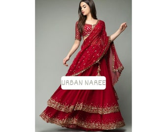 Attractive Cherry Red Color Partywear Lehenga Choli, 3 Pc Indian Lehenga Choli Set, Ready to Wear Lehenga Set For Women, Bridesmaid Lehenga