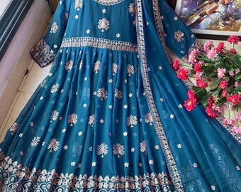 STAR GEORGETTE With Embroidery Sequence Work With Attached Cups With Fully Flair Anarkali Dress