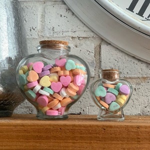 Heart Shaped Candy Jar Glass Filled with Conversation Hearts