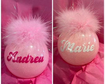 Personalized Pink Glitter Ornament with Boa