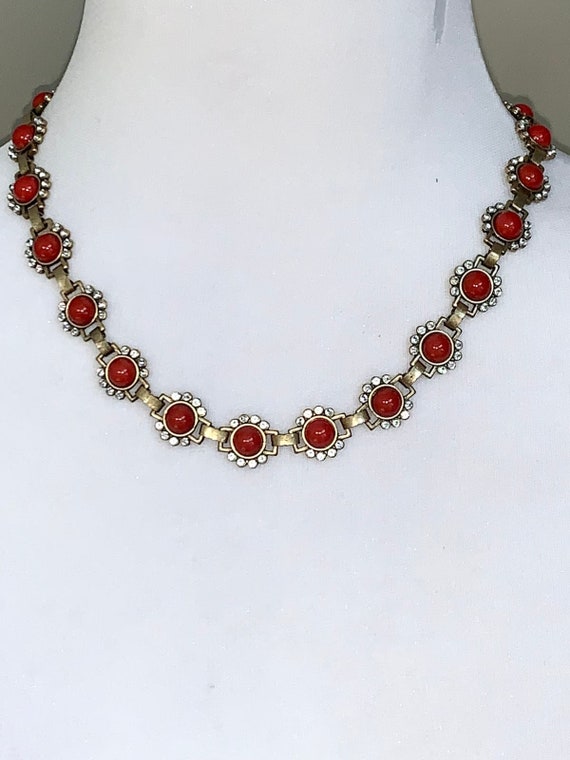 J. Crew Vintage Gold Tone Floral Red Stone and Cr… - image 8