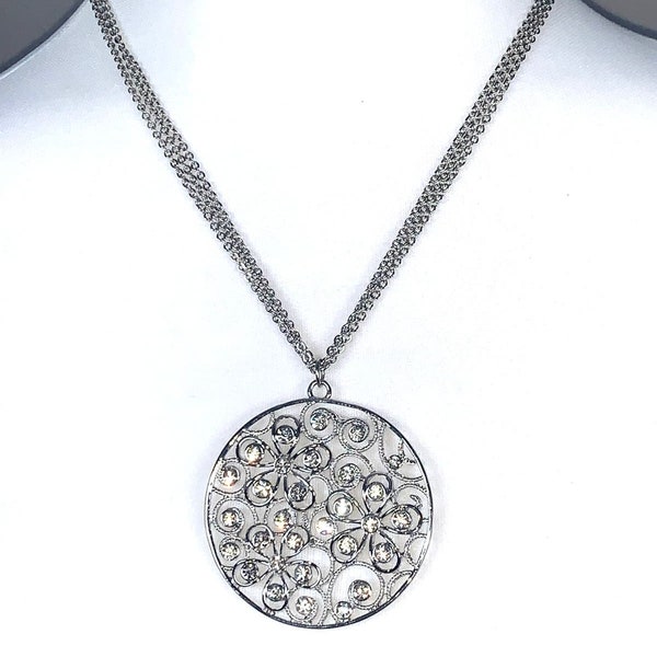 Silver Tone Multichain Crystal Filigree Pendant Statement Necklace EUC