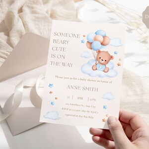 Teddy Bear Baby Shower Invitation Editable Template, Bear Baby Shower Invite, Bear with Balloons Baby Shower Invite,Digital Invite,Printable