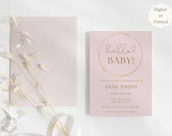 Pink and Gold Baby Shower Invitation, Baby Shower Girl Invitation Printable, Digital Baby Shower Invitation Girl, Editable Template