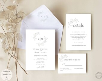 May include: A wedding invitation suite with a minimalist design featuring a floral wreath with the initials "G.M." and the text "Grace Carrow and Matt Carter". The invitation includes the date, time, and location of the wedding ceremony and reception. The RSVP card includes a space for guests to indicate their attendance and the number of guests.