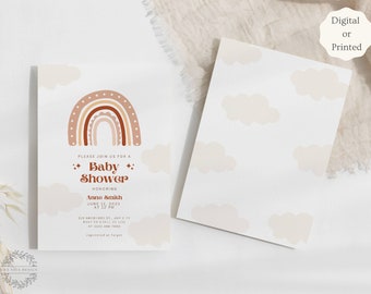 May include: A printable baby shower invitation with a rainbow design in shades of brown, orange, and pink. The invitation features the text "Please join us for a Baby Shower" and includes the name "Anne Smith", the date "June 11, 2023", and the time "at 12 PM".