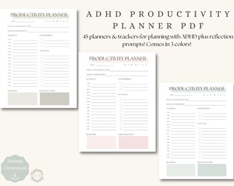 Könnte beinhalten: Drei druckbare Produktivitätsplaner-Seiten in verschiedenen Farben: Beige, Rosa und Grün. Jede Seite hat einen Bereich für tägliche Affirmationen, Top-Prioritäten, To-Do-Liste, Zeitplan, Erinnerungen und tägliche Reflexion.