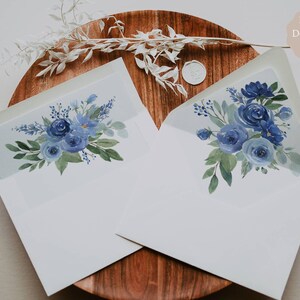 Navy Floral Watercolor Envelope Liners, Flower Envelope Liner Editable Template, Printable Wedding Envelope Liners, Wedding Invitation Set