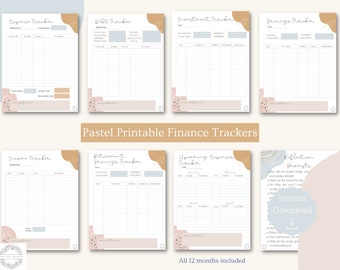 Könnte beinhalten: Ein Satz druckbarer Finanz-Tracker in Pastellfarben mit Überschriften wie "Ausgabentracker", "Spar-Tracker", "Einkommenstracker", "Rentenspar-Tracker", "Investment-Tracker", "Anstehende Ausgaben-Tracker" und "Reflexionsaufforderung". Die Tracker sollen Ihnen helfen, Ihre Finanzen zu verwalten und Ihren Fortschritt zu verfolgen.