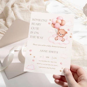 Teddy Bear Baby Shower Invitation Editable Template, Bear Baby Shower Invite, Bear with Balloons Baby Shower Invite,Digital Invite,Printable