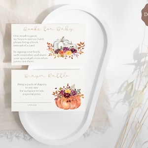 Pequeños libros de calabaza para plantilla de rifa de bebés y pañales, inserciones de tarjetas de baby shower con temática de otoño/otoño, descarga instantánea, imprimible, editable