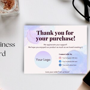 Business Thank You Card Template | EditableThanks For Your Purchase Card, Small Business Package Insert Card, Canva - Watercolor, Pastel