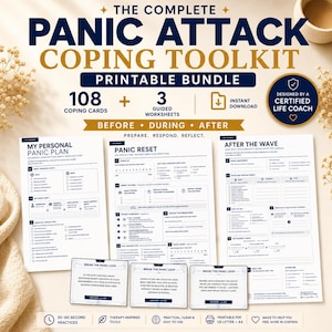以下が含まれることがあります： The Complete Panic Attack Coping Toolkitと題された印刷可能なバンドル。108枚のコーピングカードと3枚のガイド付きワークシートが含まれています。文書には、準備と振り返りのためのMy Personal Panic Plan、Panic Reset、After The Waveが含まれています。