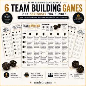 Op de afbeelding: Een teambuilding spelbundel met zes geprinte spelbladen met afbeeldingen van zwarte en gouden dobbelstenen. Het centrale blad is een raster getiteld Team Challenge met genummerde rijen en kolommen. Bevat tekst zoals 6 Team Building Games en 216 Thoughtfully Written Prompts & Challenges.