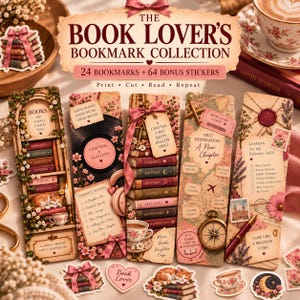 May include: A collection of five rectangular bookmarks and several small stickers featuring vintage-style illustrations of books, flowers, cats, and tea cups. The text includes 'THE BOOK LOVER'S BOOKMARK COLLECTION', '24 BOOKMARKS + 64 BONUS STICKERS', and various literary quotes and lists.